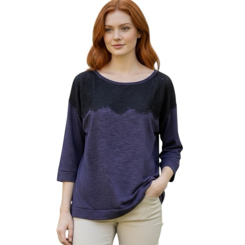 New York & Company Large Lightweight Purple Heathered Black Lace Chest Shirt